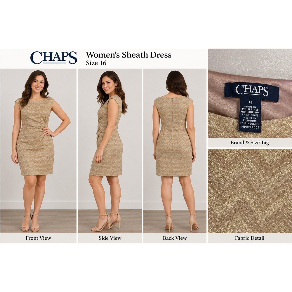 Chaps Sheath Dress Womens 16 Gold Quiet Luxury Office Siren Chevron Metallic